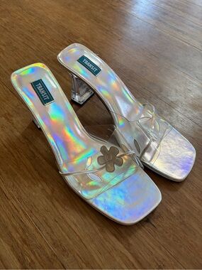 Vintage Y2K Transit Iridescent Holographic Clear Floral Mule Heels Sz 40 US 9